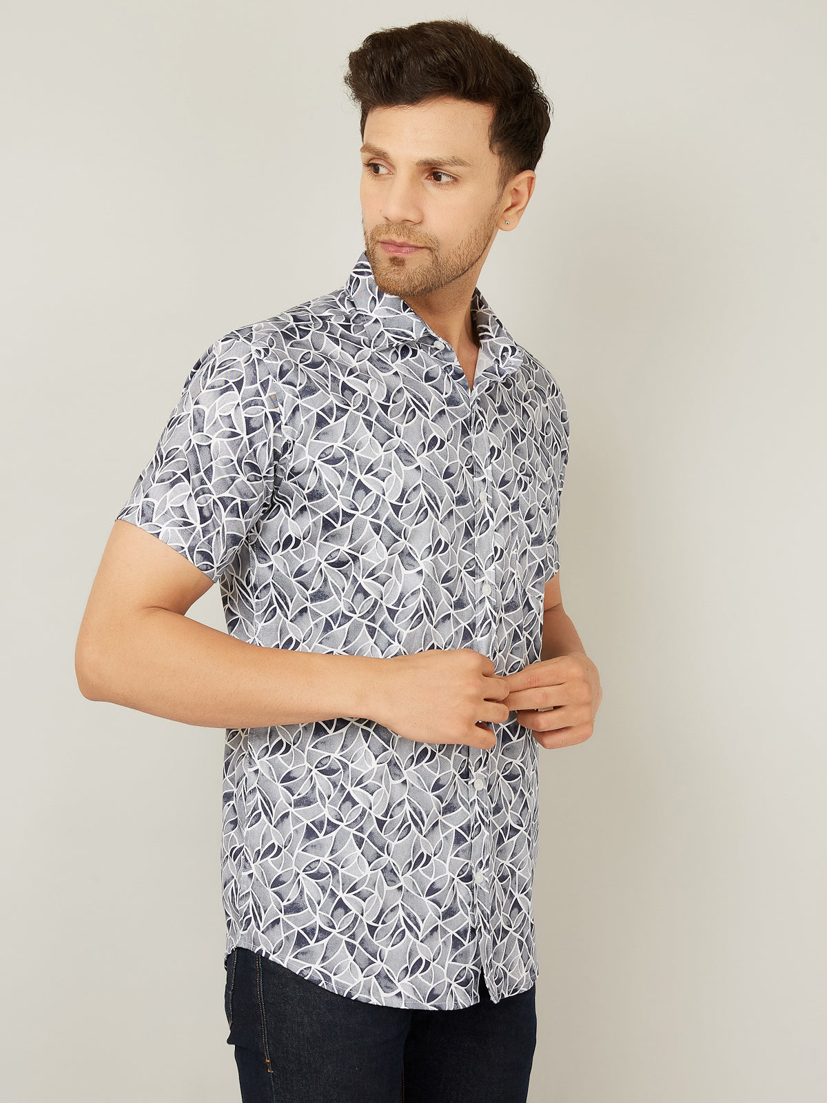 Louis Monarch Men Regular Fit White Leaf Printed Spread Collar Casual Half Shirt